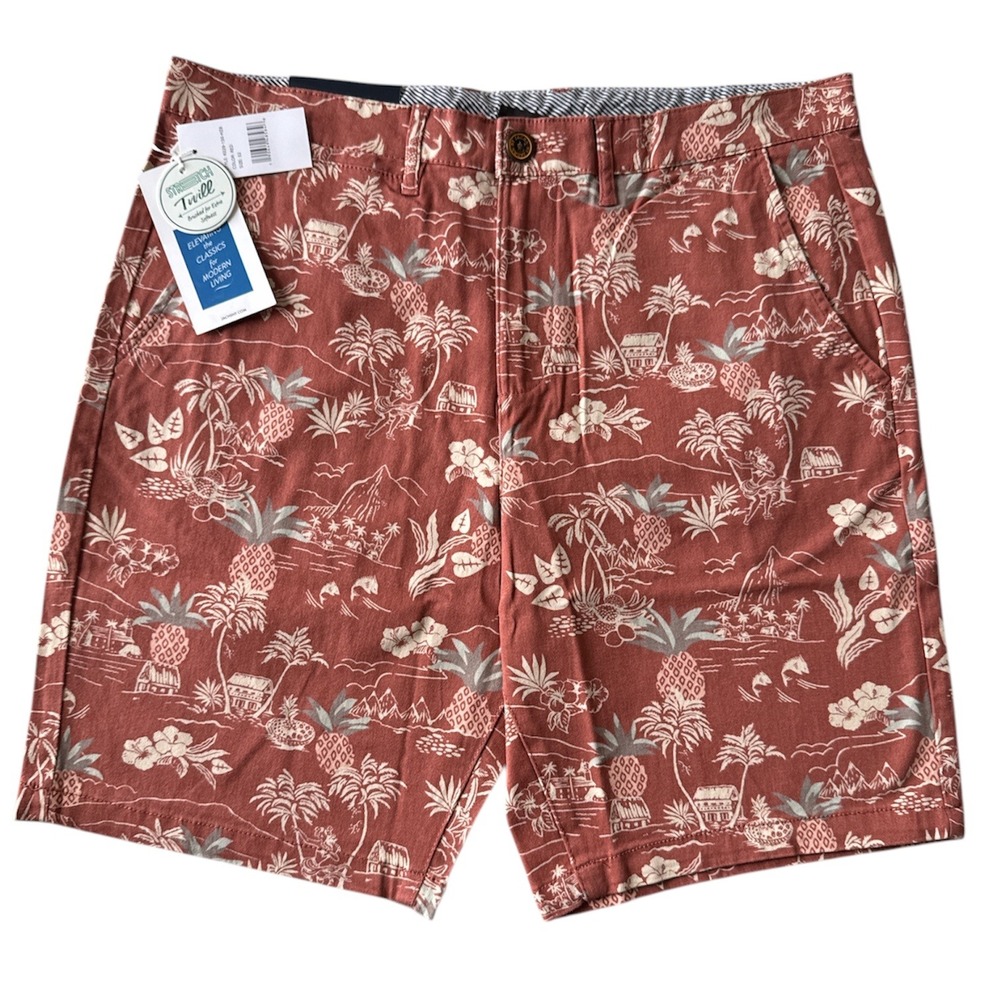JACHS Washed Stretch Twill Shorts Tropical Print Casual‎ Flat Front Mens Size 32